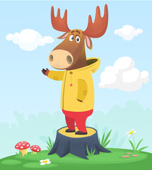 Cartoon funny and happy moose standing on the summer meadow on the tree stump. Vector illustration