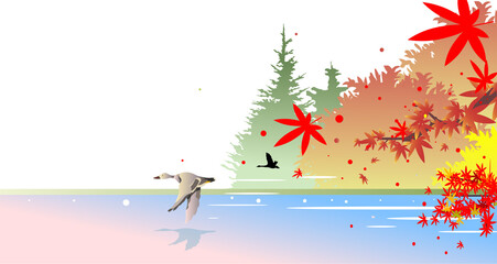 秋の紅葉と森と湖と野鳥