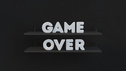 Game over white text on black shelves 3D render