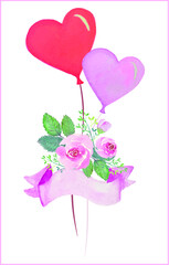 Watercolor of pink roses and heart shape balloons