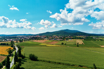 Fototapeta na wymiar Sleza mountain landscape. Aerial view of mountains with forest.