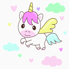 Cute magical unicorn with pastel colorful heart and cloud. Vector design isolated on white background. Print for t-shirt or sticker. Romantic hand drawing illustration for children.