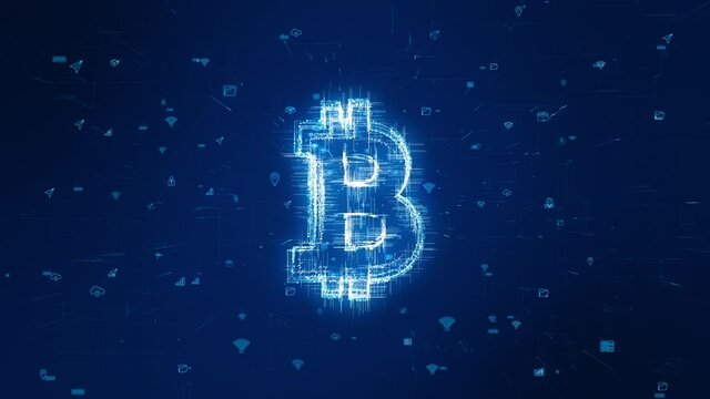 Motion graphic of Blue particle money logo with futuristic technology icon on abstract background