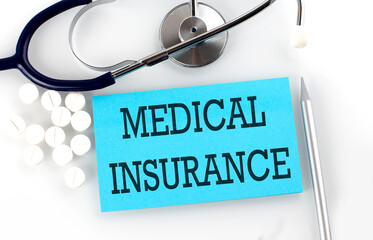 Text MEDICAL INSURANCE on a table with a stethoscope,pills and pen, medical concept.