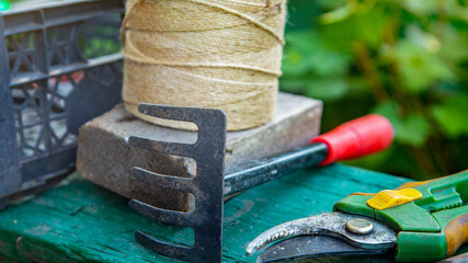 old dirty agricultural metal garden tools. Concept of gardening or planting. selective focus