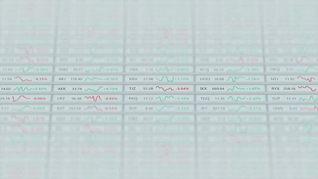 Fictional stock exchange tickers with shallow DOF. Seamless loop 3D render animation