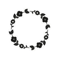 Circle floral frame with black silhouettes of meadow herbs. Floral wreaths. Element design. Vector illustration.