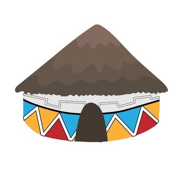 Ndebele African house with grey thatched roof isolated on white background. Bright colored decorated clay walls. Geometrical pattern.