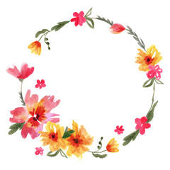 Cute watercolor wreath with red and yellow flowers. Hand painted illustration