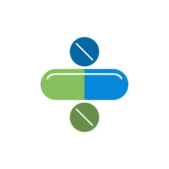 capsule pill with plus logo template vector icon