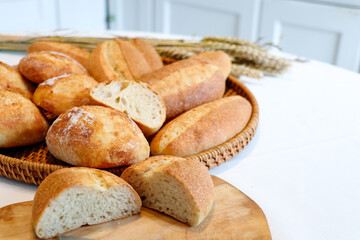 close up of mini french breads for breakfast or for snack with yam and coffee or tea in the afternoon.