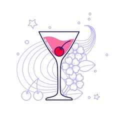 Alcoholic cocktail - manhattan with cherry flowers and stars in the background. Vector illustration isolated on white background