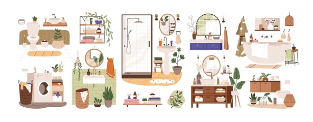 Set of bathroom and toilet interiors in Scandinavian style. Bath and closet rooms with washbasins, sinks, mirrors, shower, cabinets and plants. Flat vector illustration isolated on white background