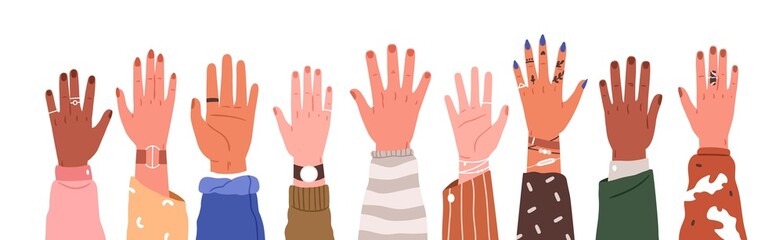 Fototapeta premium Set of hands raised up. Group of diverse human arms with accessories rising together. Concept of international volunteer community. Colored flat vector illustration isolated on white background