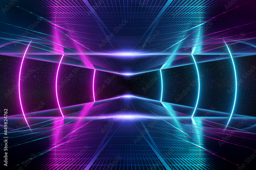 Aufkleber abstract background pathway leading to blue and pink neon light circle reflecting on the floor 3d re
