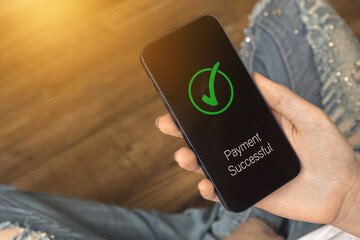 Mobile payment concept. Woman shopping with smartphone application from home. Digital money transfer, banking and e-commerce concept