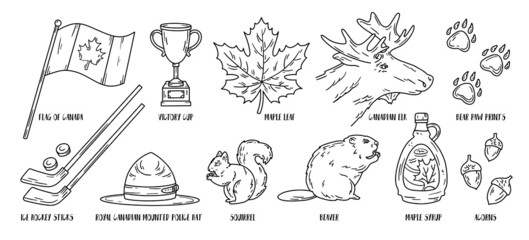 National vector icons of Canada, traditional symbols of Toronto and Vancouver in doodle sketch style
