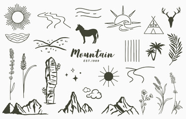 Black line natural with mountain,river,tree,sun,tent,horse