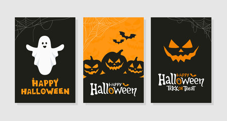 Vector set of Halloween holidays greeting cards or party invitations. Traditional symbols, flyer, banner, poster templates and handwritten lettering.