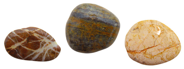 Set of different wet sea stones isolated on white background. Macro closeup.