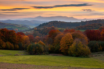 countryside mountain scenery at dusk. beautiful rural landscape in autumn. fields and meadow on rolling hills in evening light. trees in colorful foliage. ridge with high peak in the distance