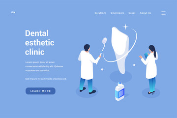 Clinic of aesthetic dentistry. Dental treatment of oral cavity removal calculus. Whitening enamel and daily cleaning of gums. Medicine examination and healthcare. Vector landing page isometric