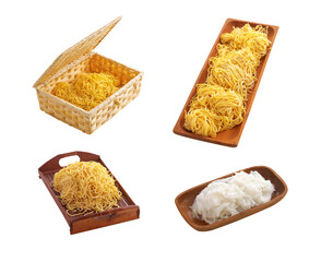 chinese dry noodle in wooden tray on white background