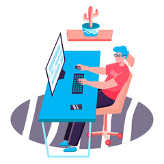 Programming and software development concept. Man comes up with and writes program code at computer, programmer at office character scene. Vector illustration in flat design with people activities
