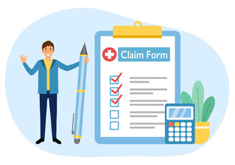 Man standing with health insurance claim form, calculator and pen in flat design. Medical insurance concept.