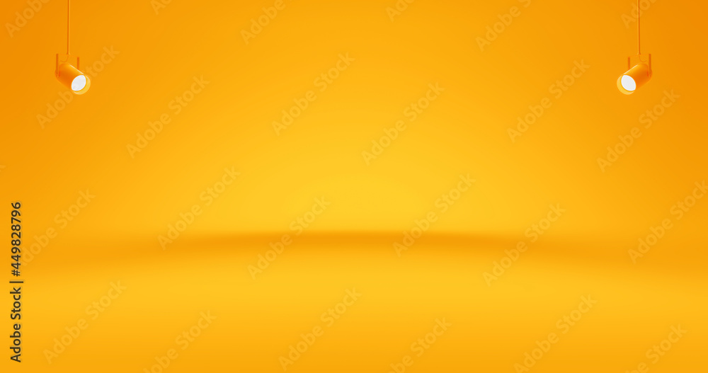Poster Yellow studio background spotlight wall and empty blank space backdrop design on vivid bright template or gradient room color wallpaper with abstract interior modern floor concept. 3D rendering.