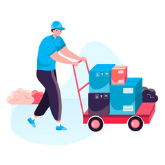 Delivery service concept. Warehouse worker carries parcels boxes on wheelbarrow. Express shipping, distribution, post character scene. Vector illustration in flat design with people activities