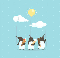 Penguins eating ice cream and holding air balloons with sun and clouds. Smart ice cream and penguins design. Vector illustration.