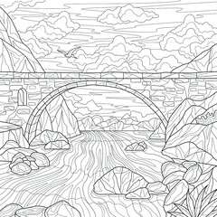 Bridge and river.Scenery.Coloring book antistress for children and adults. Illustration isolated on white background.Zen-tangle style. Hand draw