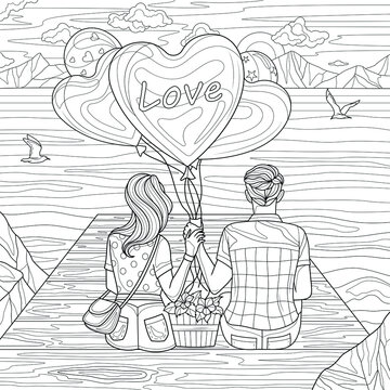 Couple Of Lovers On The Seashore With Balloons.Coloring Book Antistress For Children And Adults. Illustration Isolated On White Background.Zen-tangle Style. Hand Draw