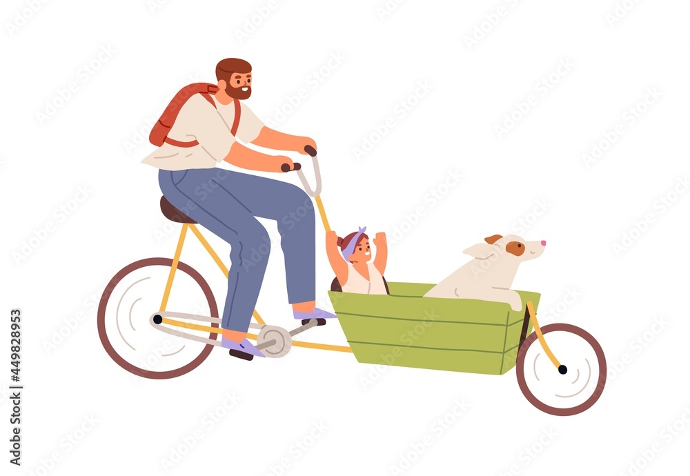 Wall mural happy father riding cargo bicycle with child and dog in carriage. dad cycling bike with kid. daddy t