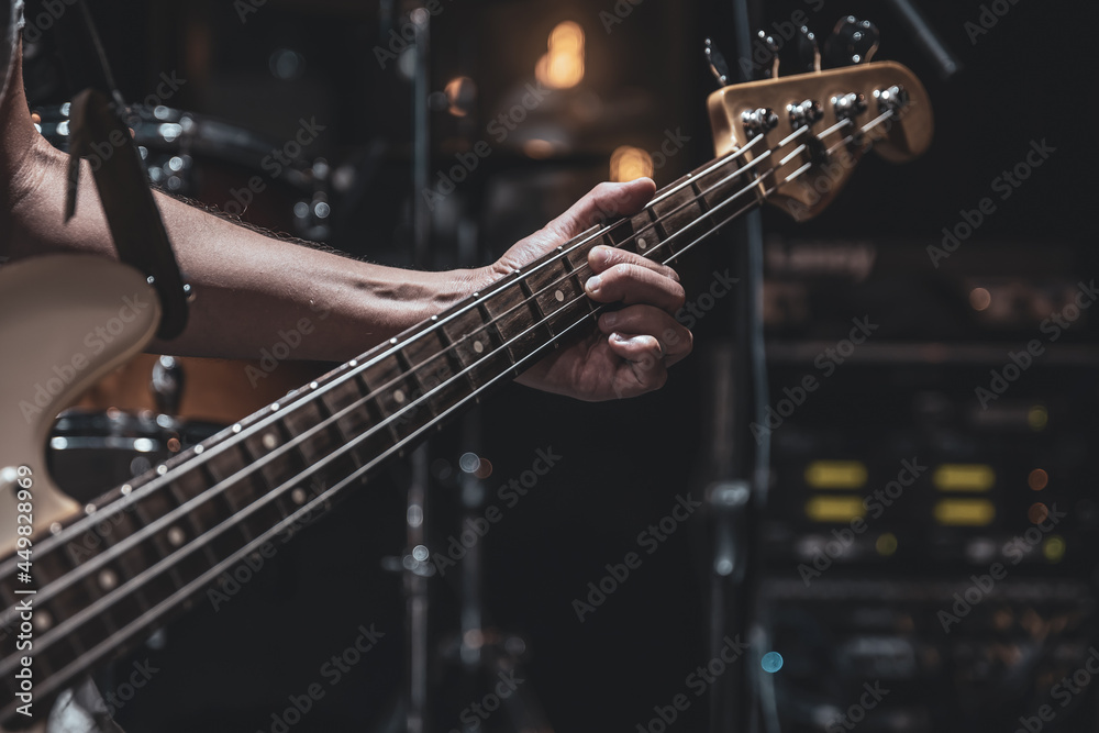 Canvas Prints Close up of bass guitar on blurred dark background copy space.