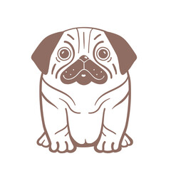 Serious funny pug dog, monochrome dog caricature cartoon. Outline happy animal design for coloring page or book or icon design. Vector illustration.