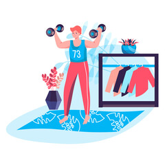 Fitness workout concept. Man doing exercises with dumbbells at home. Active sport, wellness, body training and bodybuilding character scene. Vector illustration in flat design with people activities