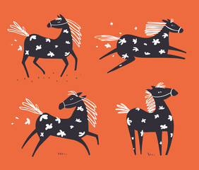 Wild abstract horse running in the field with flowers drawing, scandinavian style freehand animal doodle monochrome hand drawn horse collection. Vector hand drawn doodle design. © Popmarleo