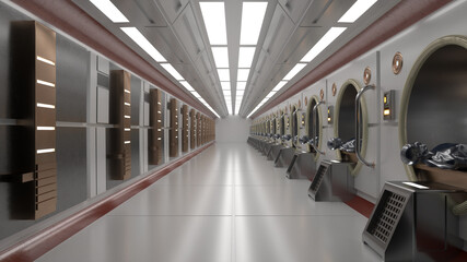 3d render. Futuristic hallway. Concept of modern architecture and interior spaceship