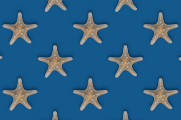 Fototapeta na wymiar Exotic starfish pattern on blue background. Aged starfish wallpaper. Aquatic backdrops