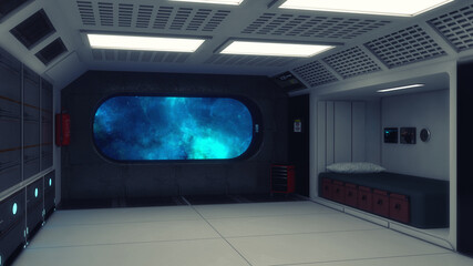 3d render. Futuristic hallway. Concept of modern architecture and interior spaceship © Miguel Aguirre