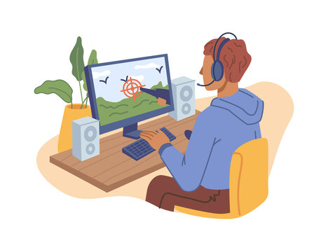 Teenager boy child playing online video game on computer isolated flat cartoon character in headphones shooting on duck. Vector hobby entertainment, guy spend leisure time at home, player in headset