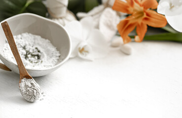 Spa composition with powder face mask and flower copy space.