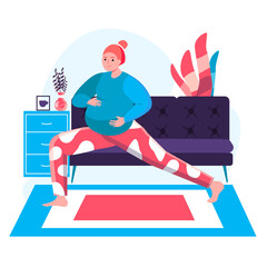 Pregnancy concept. Pregnant woman doing yoga asana at home. Active sports and physical preparation for birth of child character scene. Vector illustration in flat design with people activities
