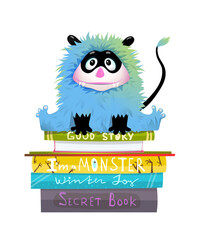 Little hairy monster for kids sitting on book stack, adorable library fluffy creature for kids studying to read. Vector illustration in watercolor style. © Popmarleo