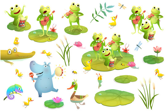 Pond or swamp frogs festival clipart collection, many lake animals isolated on white. Frogs playing music, duck with chicks and dancing hippo play tambourine. Funny cartoon set for kids.