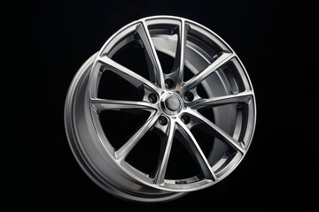 car alloy wheel, grey with a polished front, thin light spokes and rim, light weight, auto tuning