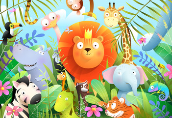 Jungle animals for children with lion king in tropical forest and his baby animal friends. Wild jungle safari or zoo cartoon for Kids and children. Vector cartoon illustration in watercolor style.