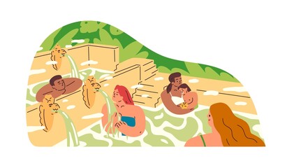 Obraz na płótnie Canvas People relaxing and bathing in hot springs of Asian public SPA resort in nature. Happy tourists resting at recreation park with thermal waters. Flat vector illustration isolated on white background